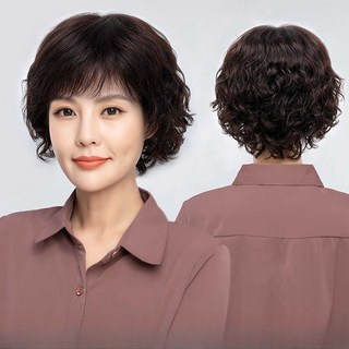 큐엔유 우아한 중년 여성 전체 가발 100% 인모 파마 통가발, 1개, 브라운