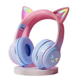다렌 고양이 귀 스마일 RGB 무선 블루투스 접이식 휴대용 게이밍 헤드셋 BT035C, 그라데이션 블루
