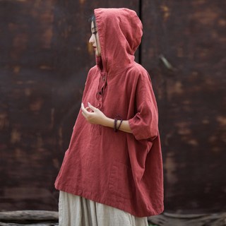 POMTOR 여름 여자 면린넨 후드티셔츠 루즈핏 5부소매