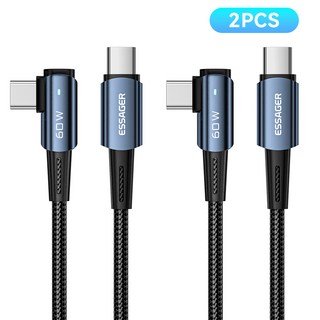 Essager PD 60W C to C타입 엘보 90도 L자형 고속충전 케이블 2개입/PCS iphone 16 고속충전 지원, 블루, 2개, 1m