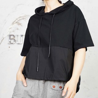 벅시루 여성 뒷트임 사선단추 소재배색 여름 엄마티셔츠 데일리 반팔후드티