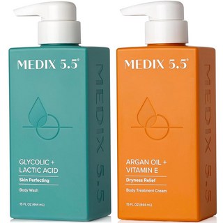 메딕스 5.5 각질 제거 AHA 글리콜산 페이스 & 바디 워시 클렌저 + 레티놀 보습 바디 크림 로션 스킨 케어 2PC 세트 | 알파 하이드록시산 및 젖산 발포 페이스 워시 2P, 4 Exfoliating Foam Wash + Arga, 15 Fl Oz (Pack of 2), 2개