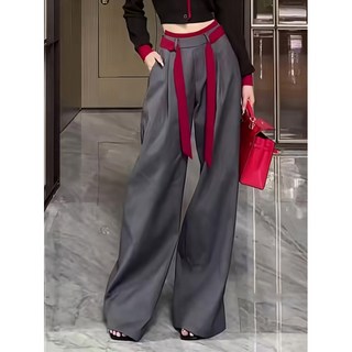 COSYEVNO 여성 정장 바지 가을 빅사이즈 하이웨스트 와이드 주름 배색 빈티지 패션 캐주얼 심플 스트링 팬츠 CXJxzk-27