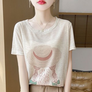 지고다그 여성 여름 린넨 코튼 라운드넥 반팔 티셔츠 내추럴 루즈핏 데일리 상의 YY30814