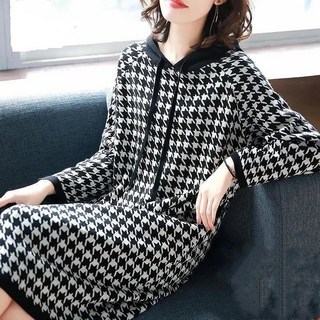 데일리 체크 그래픽 루즈핏 후드원피스 패치워크 하프 후드티 가을 여성의류