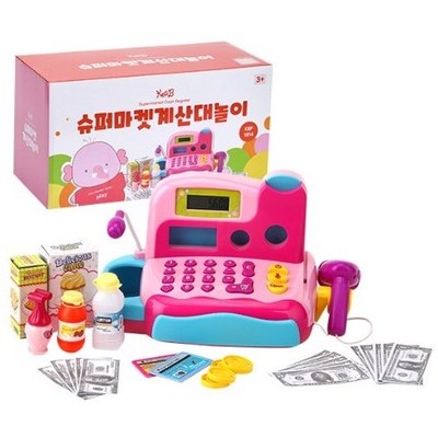 슈퍼마켓 마트 계산대 시장놀이 세트 계산기 마이크 돈통 지폐 동전 등 다양한 구성품 Cash Register Pretend Play Toy with Action Sound, 1개