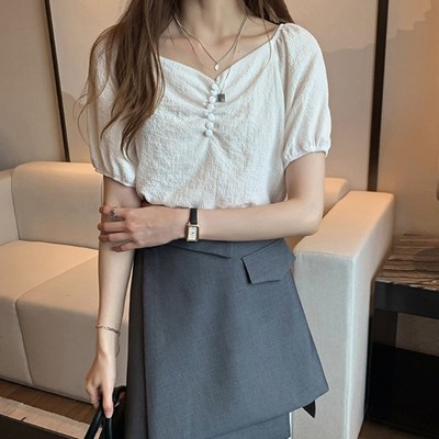디에프 핀버튼 블라우스 여성 여름 반팔 데일리