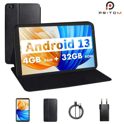 PRITOM Android 13 태블릿 PC 4GB RAM(2GB + 2GB 확장) 케이스 추가 포함 32GB 듀얼 카메라 (메모리 카드로 확장 512G 가), Wi-Fi