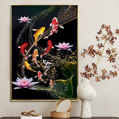 [풍수아트] 보석 잉어 연꽃 그림 황금 풍수지리 인테리어 대형 액자 유화 물고기그림