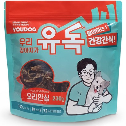 YOUDOG 유독-개밥김선생이 만든 국내산 오리가슴살 수제간식 강아지간식 대용량 230g, 오리안심, 1개
