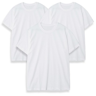 남녀공용 코마사 면 흰색 3장세트 기본 라운드 반팔 티셔츠 S3X 6사이즈 화이트