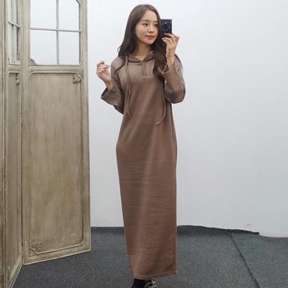 골지 여리여리 긴팔 후드 롱원피스