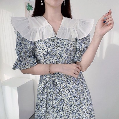 [3컬러] 쇼밍제이 세일러 빅카라 플라워 롱 랩 원피스 리뷰후기
