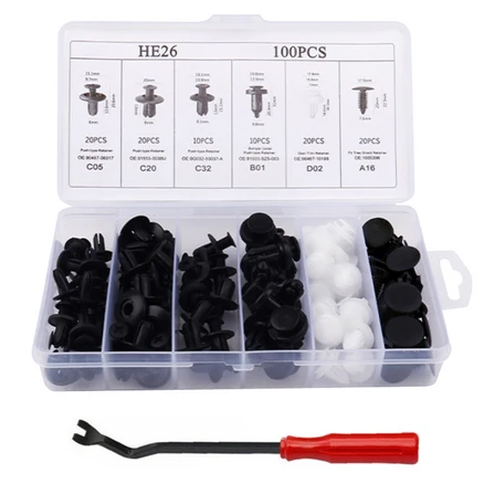 라인테크 차량용 패스너 100pcs 리무버 세트 자동차 리무버 자동차 패스너, 1세트, 블랙