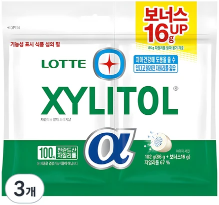 롯데자일리톨 알파 오리지날 리필, 102g, 3개