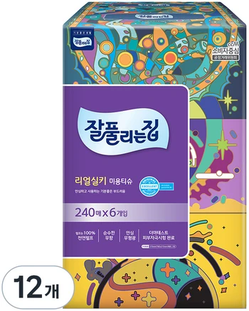 잘풀리는집 리얼실키 천연펄프 미용티슈 2겹, 240매, 12개