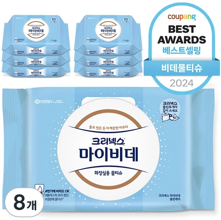 마이비데 클린케어 화장실용 물티슈 캡형, 80개입, 8개