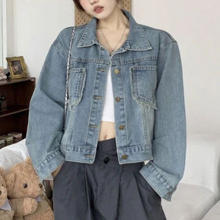 여성자켓 밍크자켓 데님 럭키슈에뜨 포켓 루즈핏 여성 양털자켓 봄자켓 HH 청자켓 E65