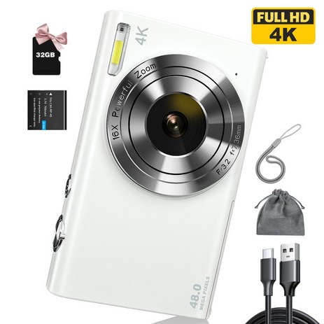 4K 디지털 카메라 4800W 자동 초점 UHD 동영상 블로그 카메라(32GB 메모리 카드 포함) 16배 디지털 줌 손떨림 방지 휴대용 YouTube 컴팩트 컴팩트 카메라, 하얀색-추천-상품