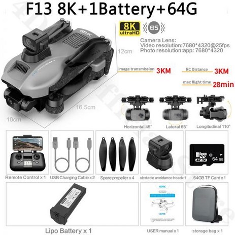 F13 드론 8K 전문 HD 카메라 3km GPS EIS 3 축 흔들림 방지 짐벌 장애물 회피 5G 여성용V 브러시리스 쿼드콥터 RC, F13 8K-GPS 1B 64G-추천-상품