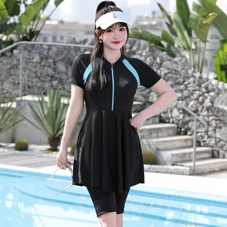 진진 여자 체형커버 래쉬가드 원피스 수영복, 블랙+블루-추천-상품