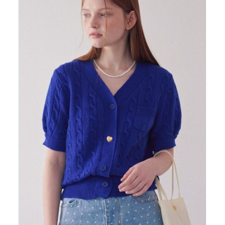 론론 RONRON CABLE HEART BUTTON SHORT S리 LEEVE KNIT CARDIGAN BLUE-추천-상품