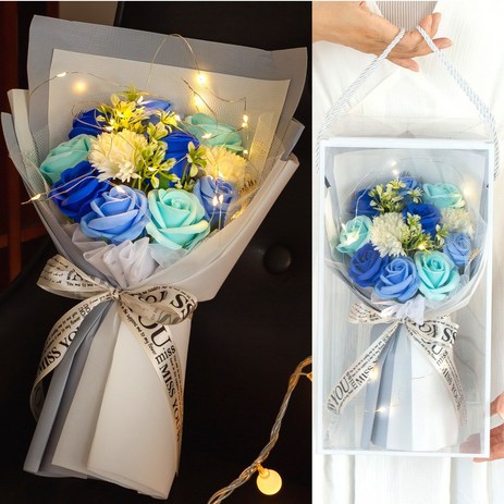 아르띠콜로 장미 카네이션 LED 기념일 꽃다발, 블루-추천-상품