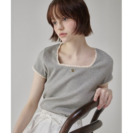 론론 RONRON LACE SQUARE HEART NECK SHORT SLEEVE GREY-추천-상품