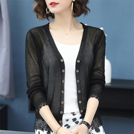 besteffie 여성용 여름 가디건 루즈핏 무지 트리밍 펀칭 통기성 시원한 베이직 중년여성 빅사이즈 엄마옷 카디건 C58-추천-상품