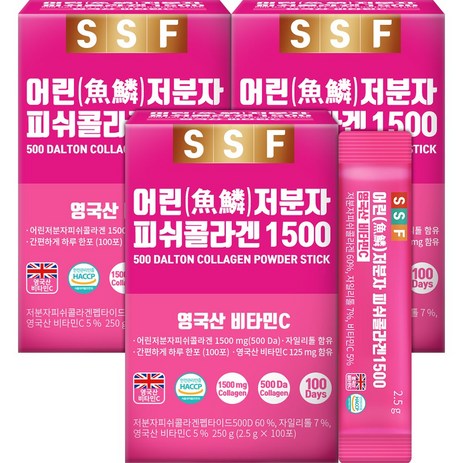 순수식품 500달톤 저분자 피쉬 콜라겐 1500mg 스틱 3박스(300포) 실속형 비타민C, 250g, 3개-추천-상품