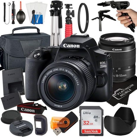 Canon 캐논 EOS 250D 레벨 SL3 디지털 SLR 카메라 EF-S 18-55mm 줌 렌즈 샌디스크 32GB 카드 삼각대 케이스 메가 21피스 리퍼-추천-상품