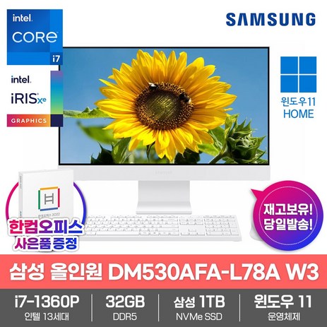 삼성전자 일체형PC 올인원 DM530AFA-L78A W3 32GB램/SSD1TB/13세대 i7/Win11/한컴오피스/데스크탑, 32GB-추천-상품