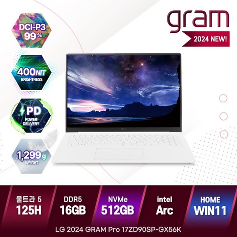 LG전자 2024년형 그램 17 프로 17ZD90SP-GX56K 깔끔한 가벼운 노트북, GX56K, WIN11 Home, 16GB, 512GB, 에센스 화이트-추천-상품