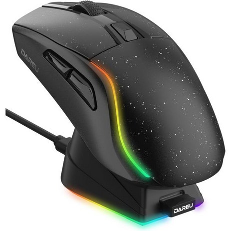 DAREU 게이밍마우스 A950 무선 좌우 대칭 경량 USB 24GHz Bluetooth RGB 충전 스탠드 AIMWL 센서 12000DPI 프로그램 흑색 1년간 제조사, 밤공기 블랙-추천-상품