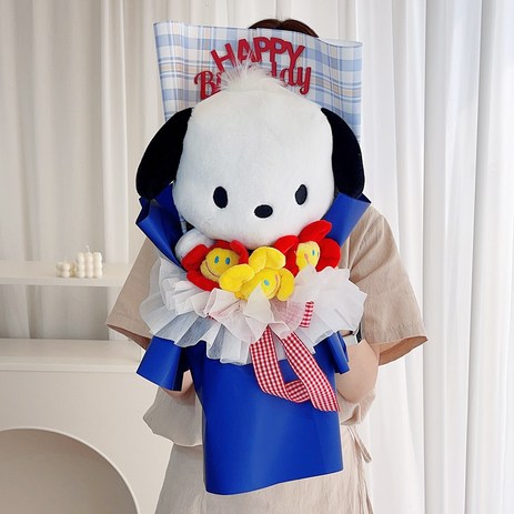 러블리팜 조화 산리오 중형인형 스마일 꽃다발 + 해피버스데이 토퍼 세트, 산리오 중형인형 스마일 꽃다발+토퍼세트, 포차코-추천-상품
