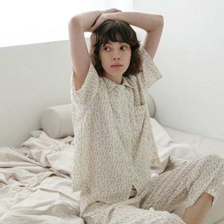 라비아 플라워 면 반팔 셔츠 파자마 여성 잠옷 세트-추천-상품