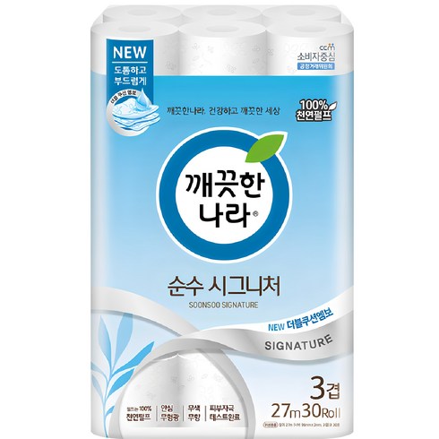 두루마리휴지 - 깨끗한나라 순수 시그니처 천연펄프 3겹 고급롤화장지 27m, 30개입, 1개