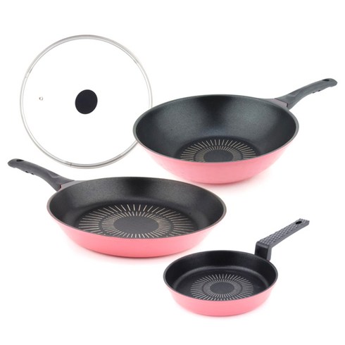 까사핏 IH팬 5종세트 - 키친아트 국산 본 핑크 후라이팬 세트, 프라이팬 + 궁중팬 + 뚜껑(28cm) + 에그팬(16cm), 4개