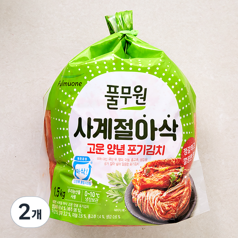 풀무원사계절아삭포기김치10kg - 풀무원 사계절 아삭 고운 양념 포기김치, 1.5kg, 2개