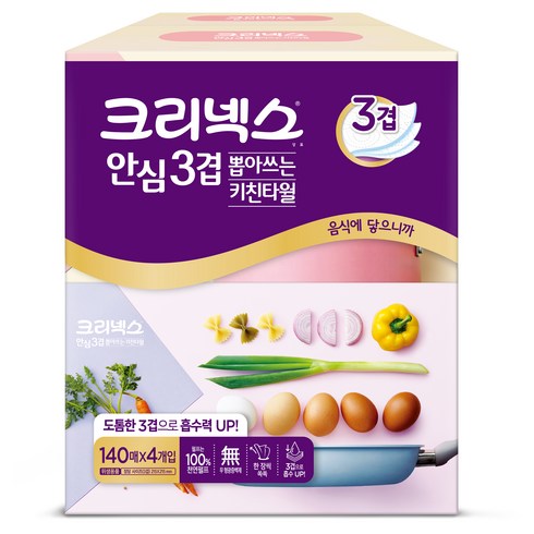 크리넥스 안심 3겹 뽑아쓰는 키친타올 140매, 4개입, 1팩