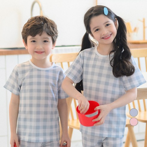 아기매쉬내복 - 보누맘 아동용 빗금 체크 5부 에어매쉬 실내복 상하 세트