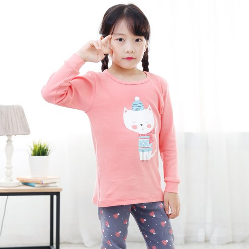애플스마일 여아용 오가닉 스노우캣 20수 실내복 상하의 세트