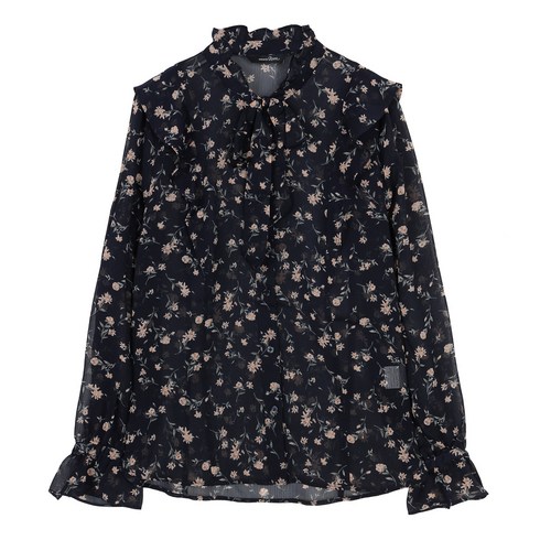 로엠 넥 리본 플라워 프린트 블라우스