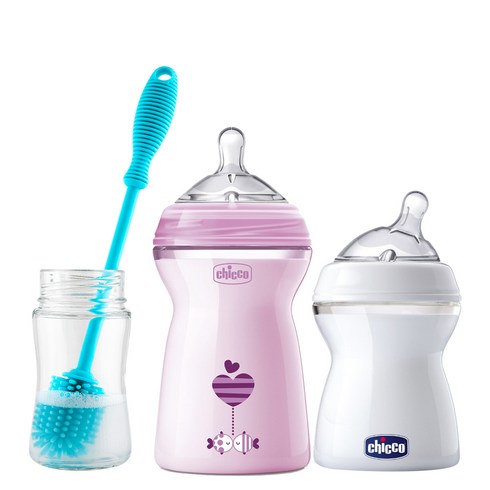 치코 내추럴필링 실리콘 젖병 250ml + 330ml + 실리콘 젖병 브러쉬, 보통속도, 빠른속도, 투명, 핑크, 1개