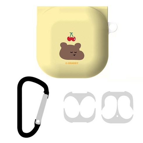 GRABBY 베어베어 버즈라이브/버즈프로 매트 하드케이스 + 카라비너 + 철가루 방지 스티커 세트, 옐로우