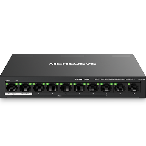 머큐시스 10 포트 10/100Mbps 데스크톱 스위치 8 포트 PoE+ 지원, MS110P