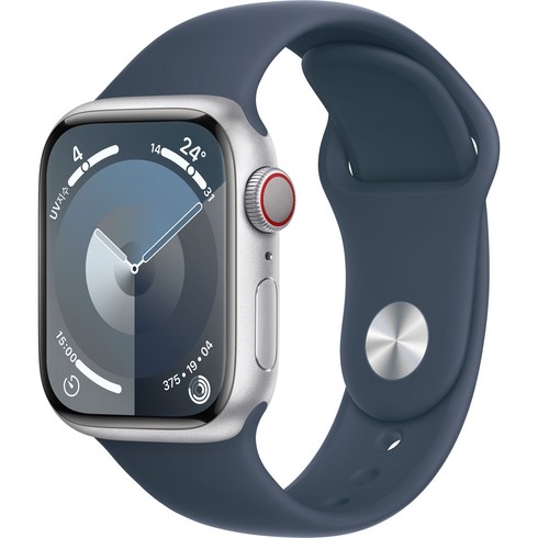 Apple 애플워치 9 GPS+Cellular, 41mm, 알루미늄, 실버 / 스톰 블루 스포츠 밴드, S/M