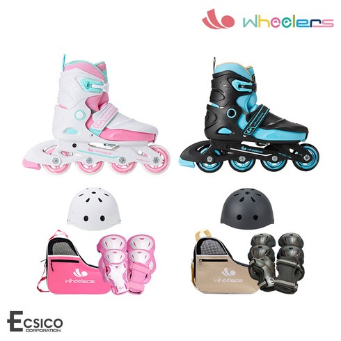 휠러스 아동용 사이버4 인라인 스케이트 + 헬멧 + 보호대 + 가방 세트, 화이트(스케이트, 헬멧), 핑크(보호대), 베이지(가방)