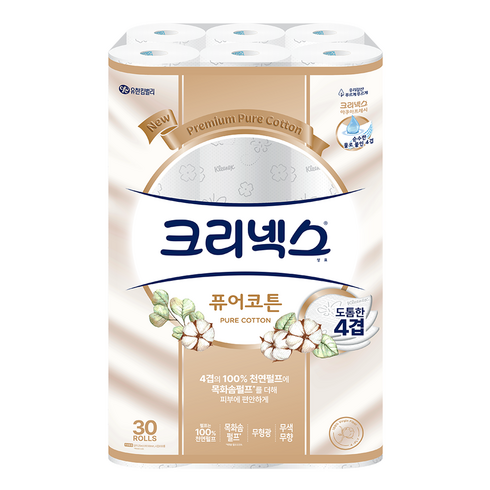 더블데코 4겹 프리미엄 화장지 24롤 3팩 - 크리넥스 4겹 퓨어코튼 화장지 25m, 30개입, 1개