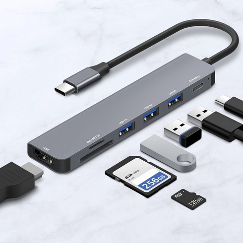 홈플래닛 7포트 USB3.0 멀티허브 DEX미러링 (USB*3 타입C HDMI SD/MSD) / HUB7C-L, 그레이